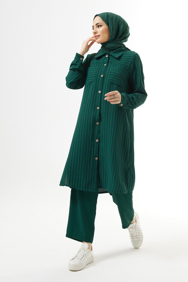 Çizgili Tunik Pantolon Takım - Zümrüt