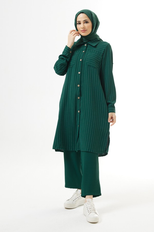 Çizgili Tunik Pantolon Takım - Zümrüt