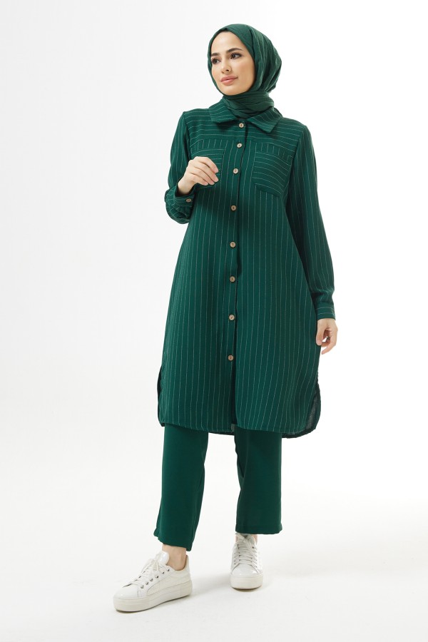 Çizgili Tunik Pantolon Takım - Zümrüt