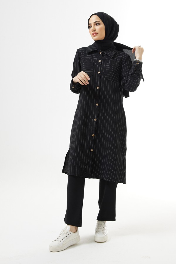 Striped Tunic Pants Set - Black Striped Tunic Pants Set - Black