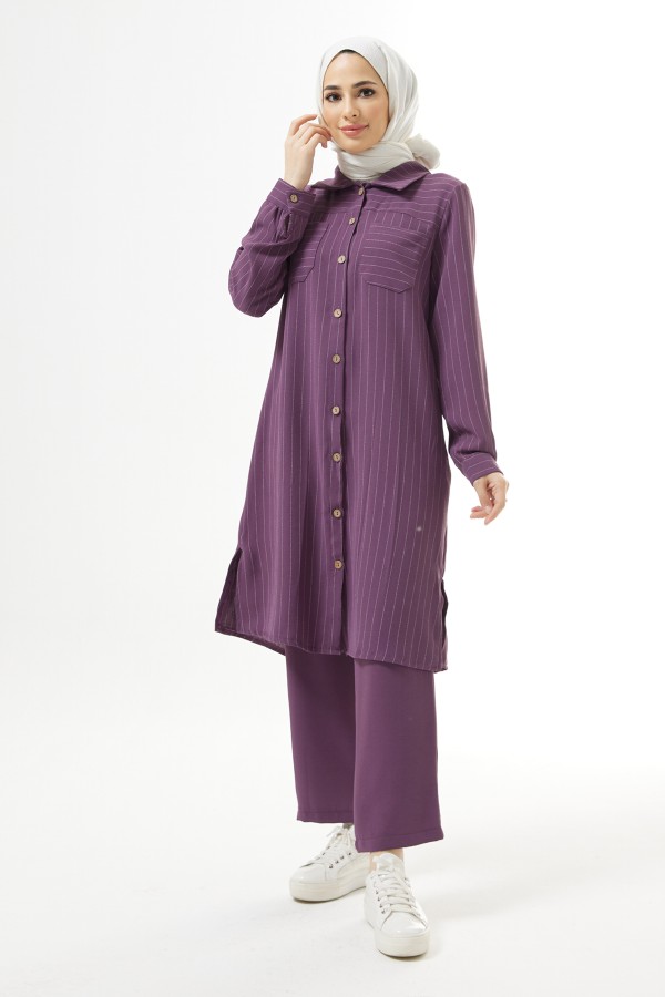 Çizgili Tunik Pantolon Takım - Leylak
