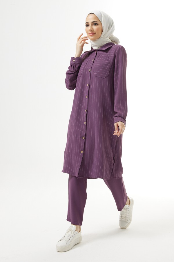 Çizgili Tunik Pantolon Takım - Leylak