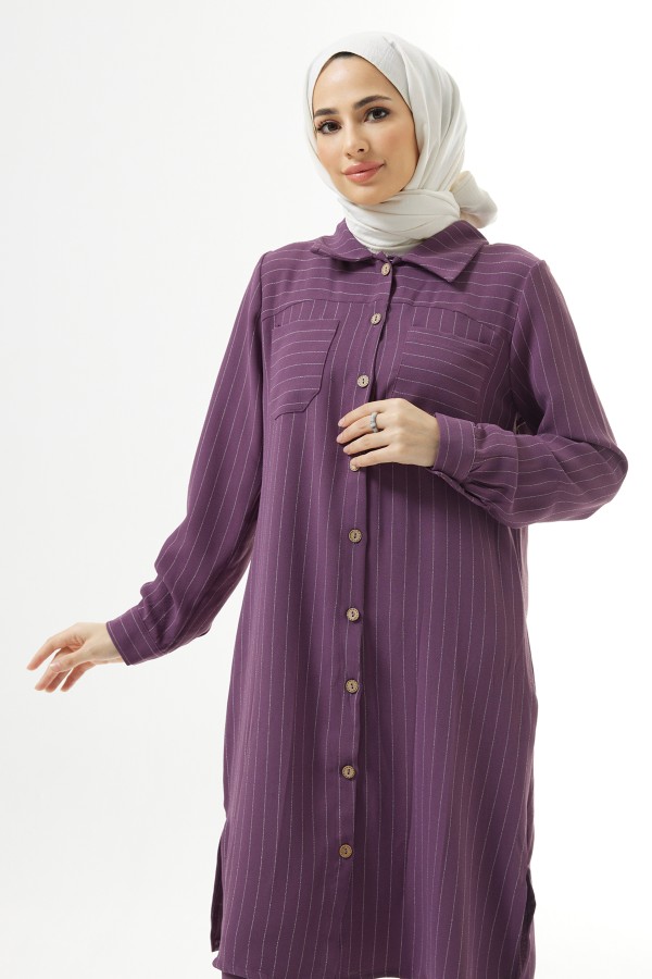 Çizgili Tunik Pantolon Takım - Leylak