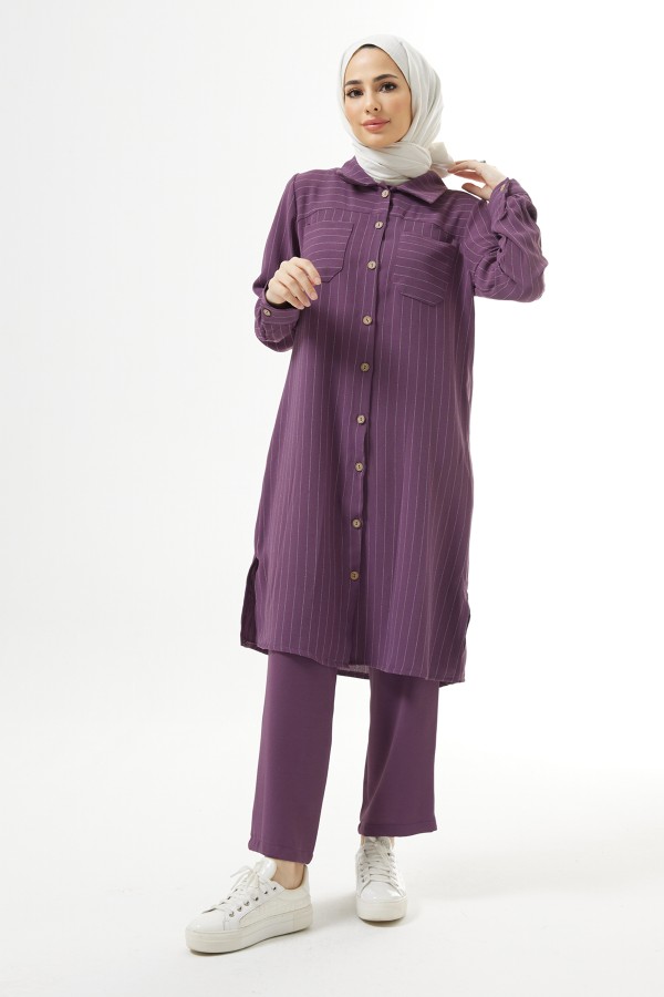 Çizgili Tunik Pantolon Takım - Leylak