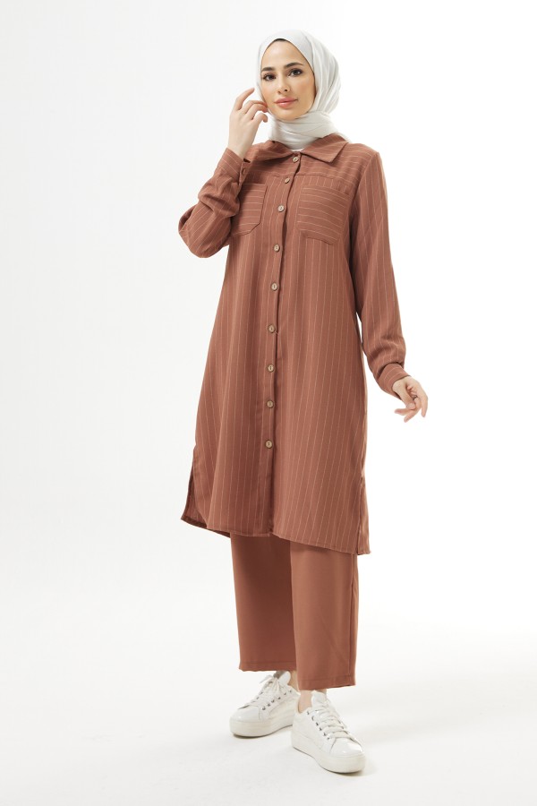 Striped Tunic Pants Set - Camel