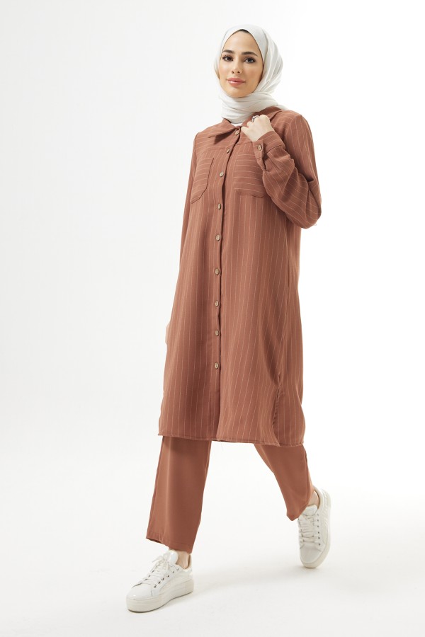 Striped Tunic Pants Set - Camel