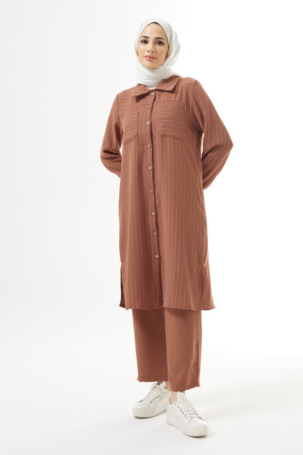 Çizgili Tunik Pantolon Takım - Camel