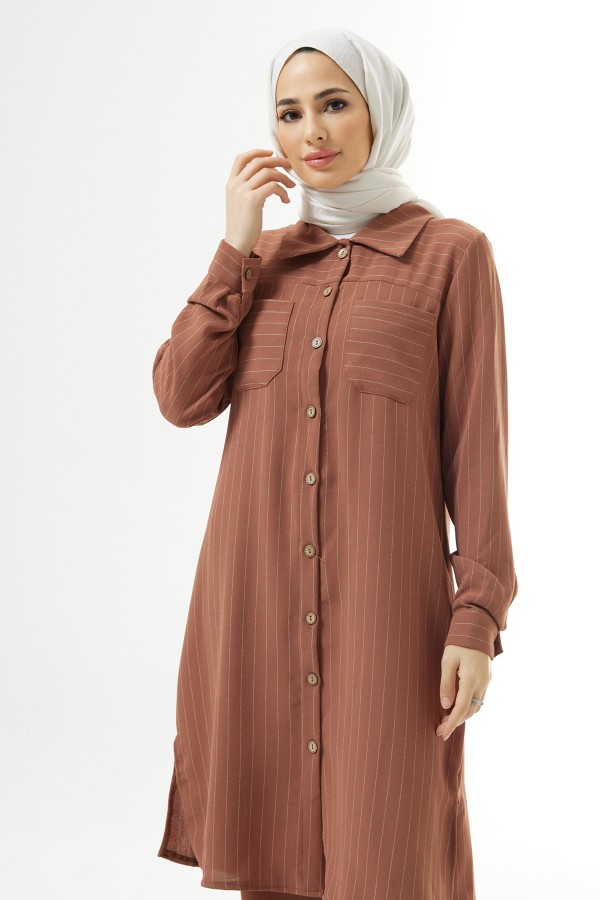 Çizgili Tunik Pantolon Takım - Camel