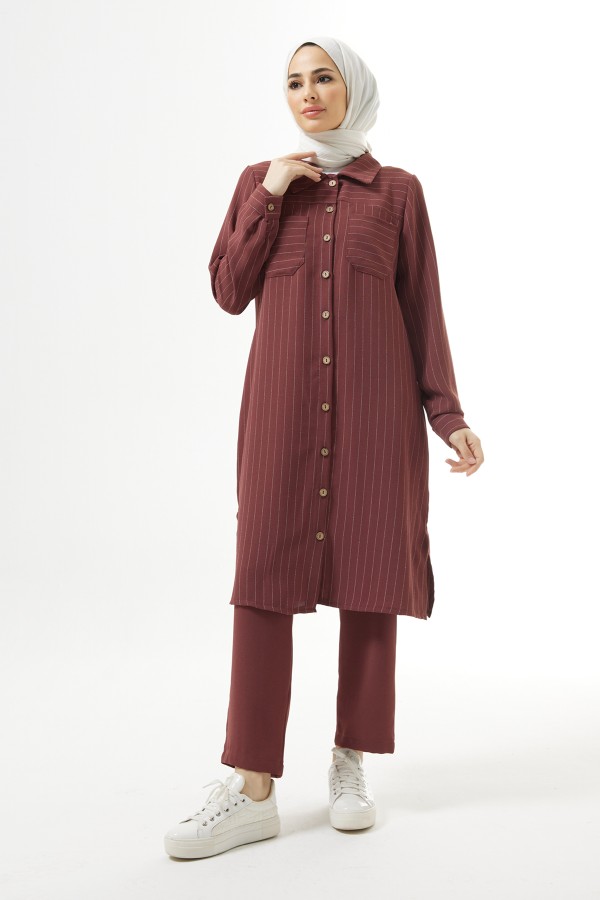 Striped Tunic Pants Set - Dried Rose