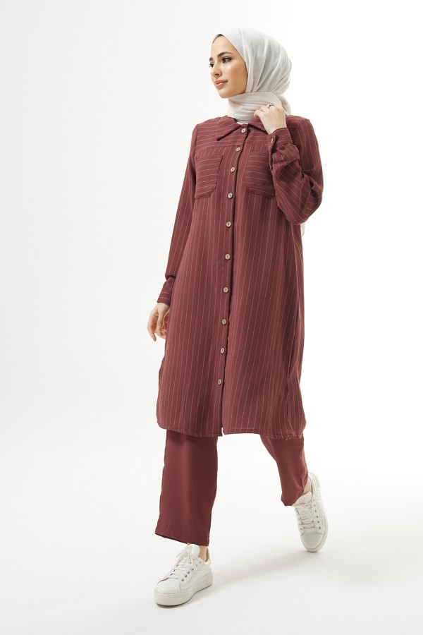 Striped Tunic Pants Set - Dried Rose