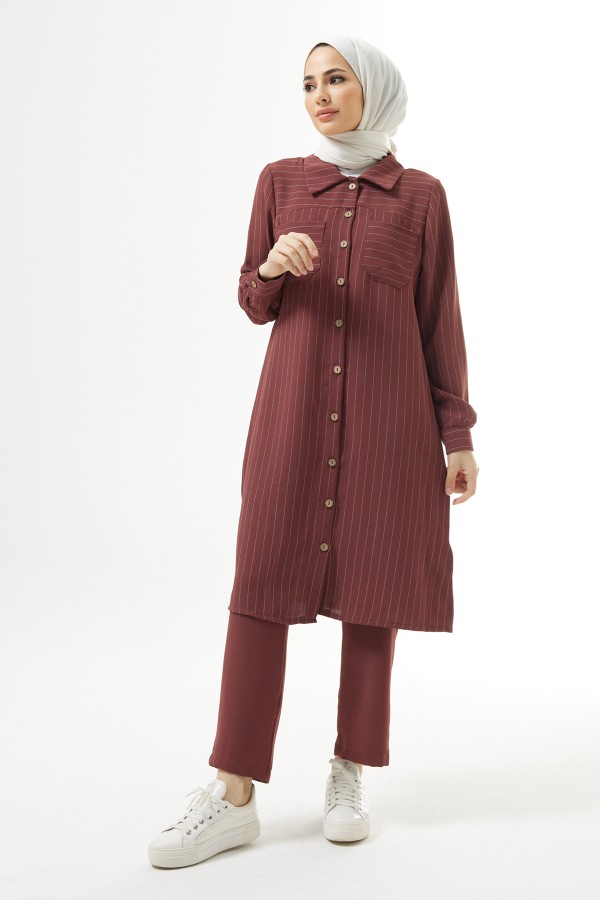 Striped Tunic Pants Set - Dried Rose