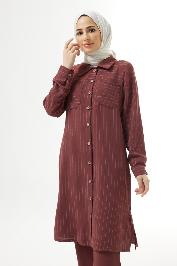 Striped Tunic Pants Set - Dried Rose