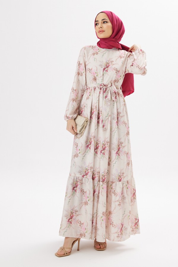 Flora Keten Elbise - Gül Kurusu