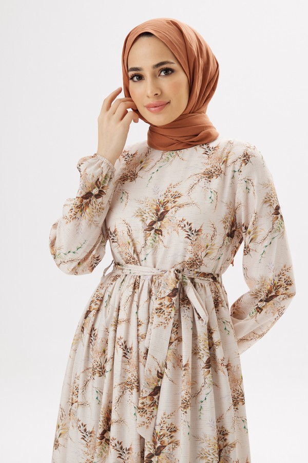 Flora Keten Elbise - Kahve