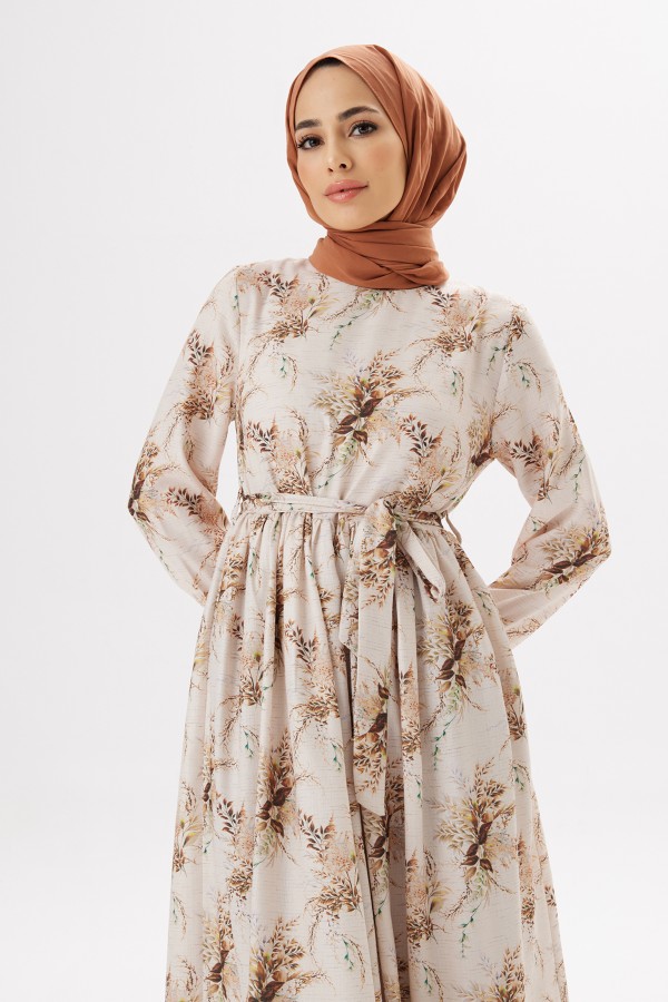 Flora Keten Elbise - Kahve