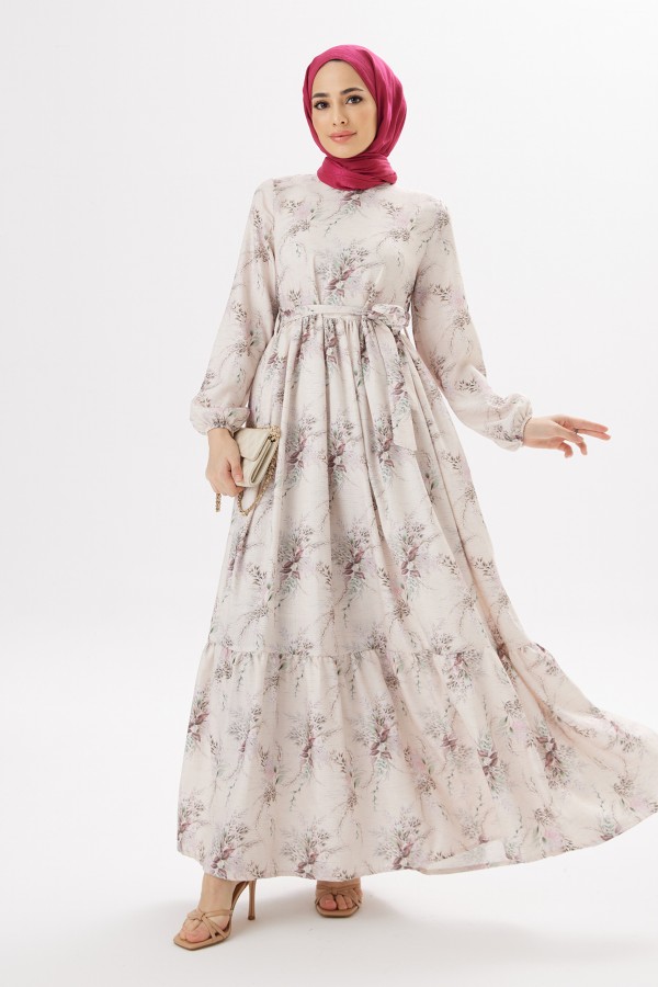 Flora Keten Elbise - Leylak