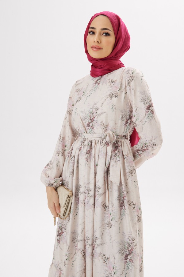 Flora Keten Elbise - Leylak