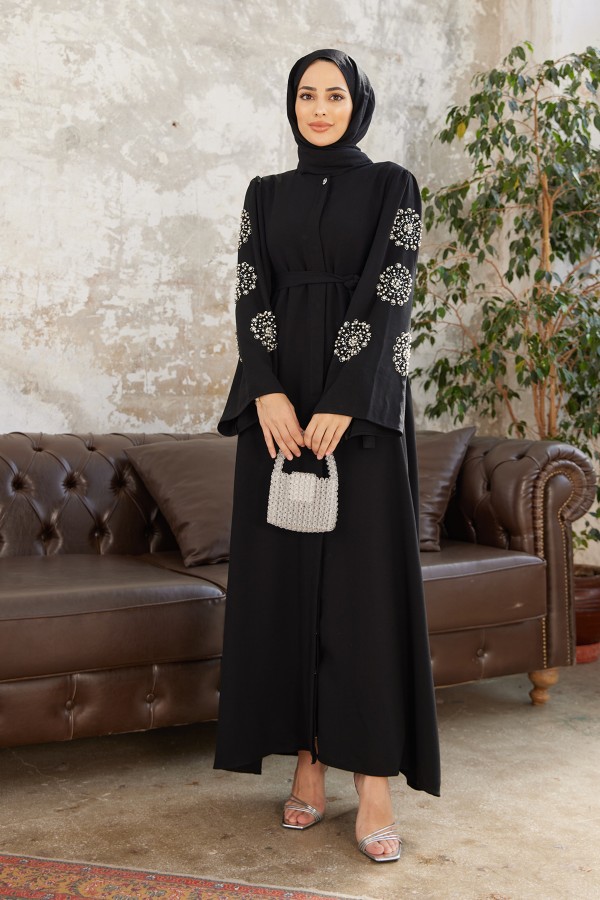 Liva Handles Stone Abaya - Black
