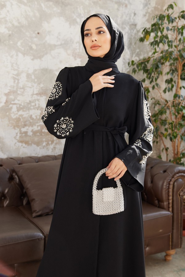 Liva Kolları Taşlı Abaya - Siyah