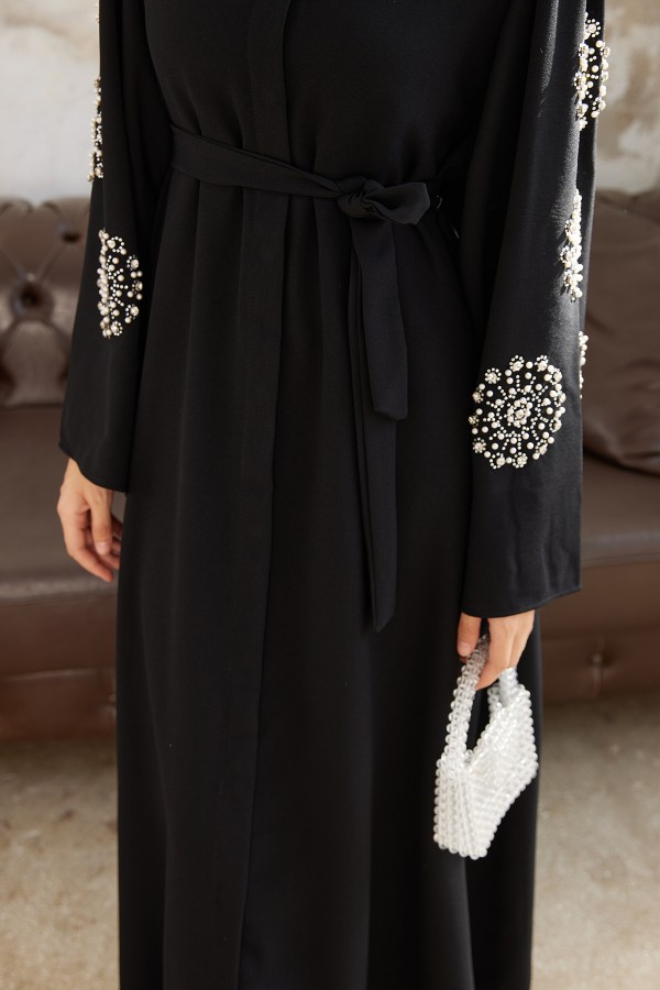 Liva Kolları Taşlı Abaya - Siyah