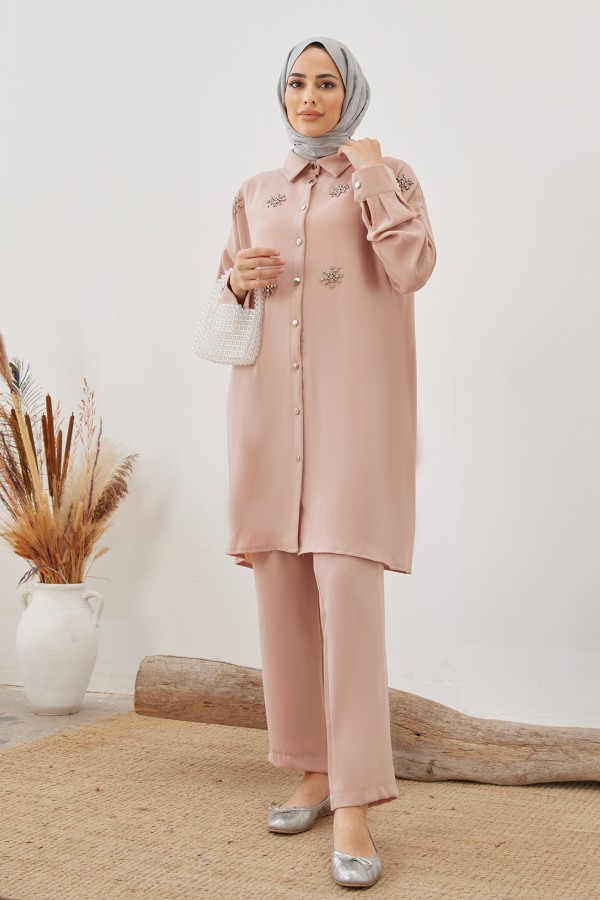 Kar Tanesi Tesettür Takım - Pudra