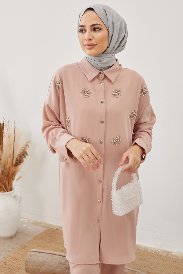 Kar Tanesi Tesettür Takım - Pudra