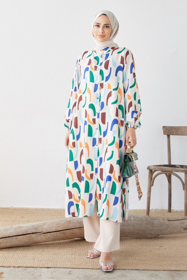 Patterned Tunic Pants Double Suit - Emerald