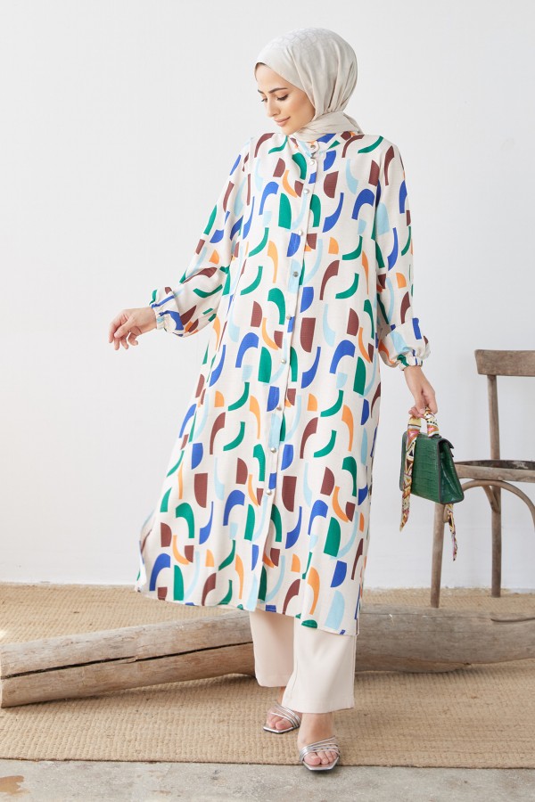 Patterned Tunic Pants Double Suit - Emerald