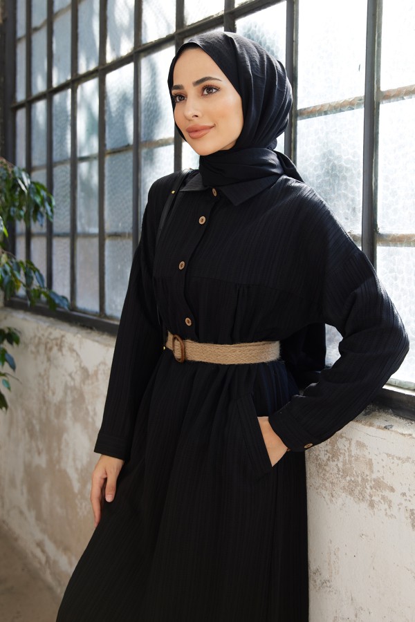 Hasır Kemerli Tunik - Siyah