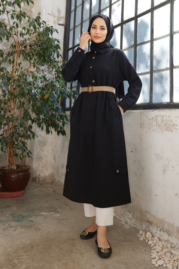 Hasır Kemerli Tunik - Siyah