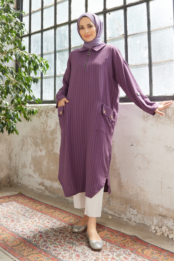 Cep Detaylı Tunik - Leylak