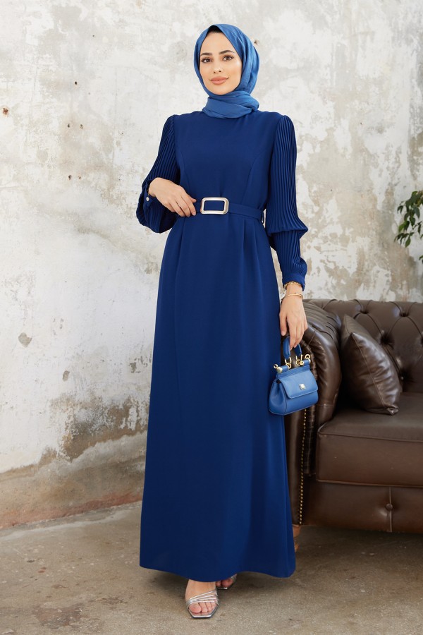 Kolları Piliseli Elbise - İndigo