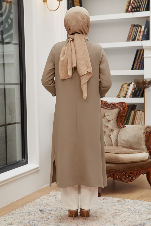 Taş Şeritli Üçlü Takım - Kahve