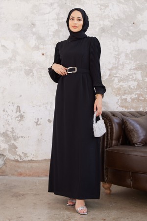 Pleated Sleeves Dress - Black