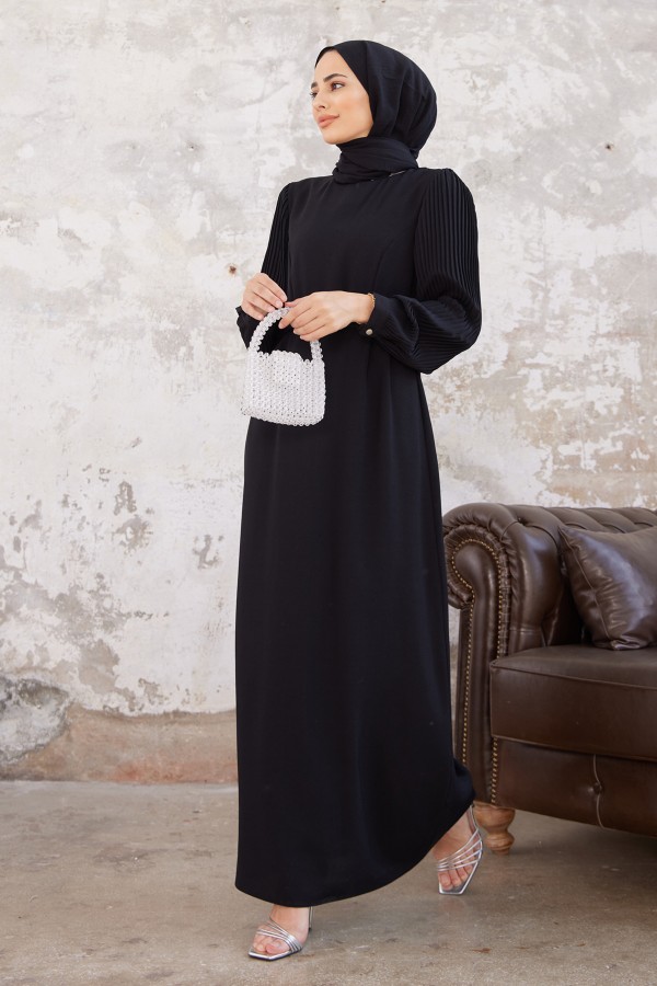 Pleated Sleeves Dress - Black