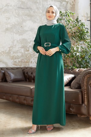 Pleated Sleeves Dress - Emerald