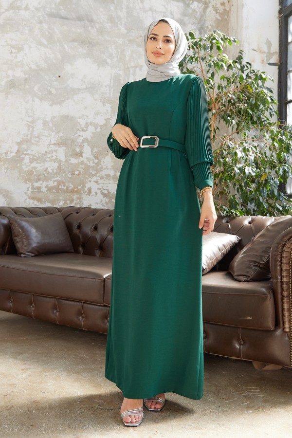 Pleated Sleeves Dress - Emerald
