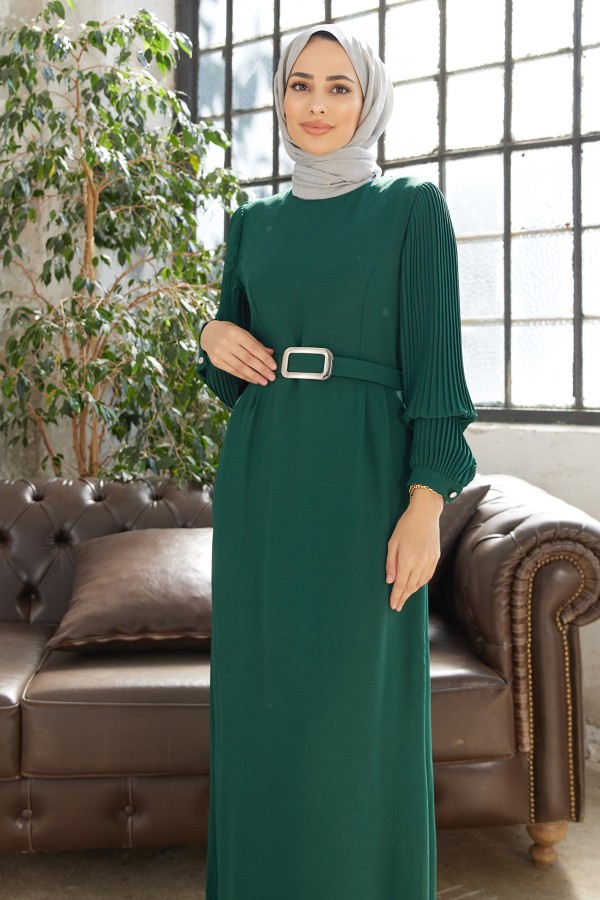 Pleated Sleeves Dress - Emerald