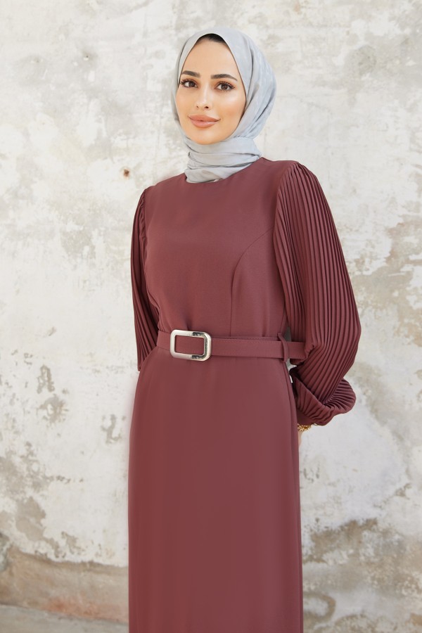 Kolları Piliseli Elbise - Gül Kurusu