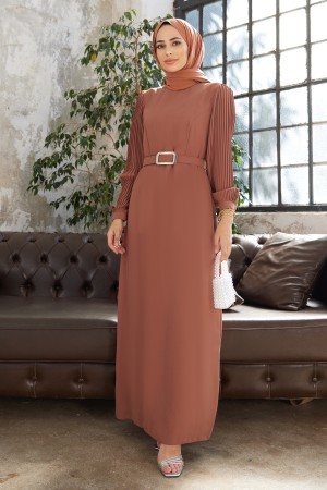 Pleated Sleeves Dress - Camel