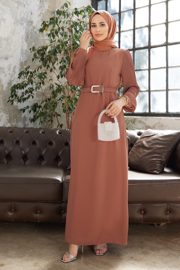 Pleated Sleeves Dress - Camel