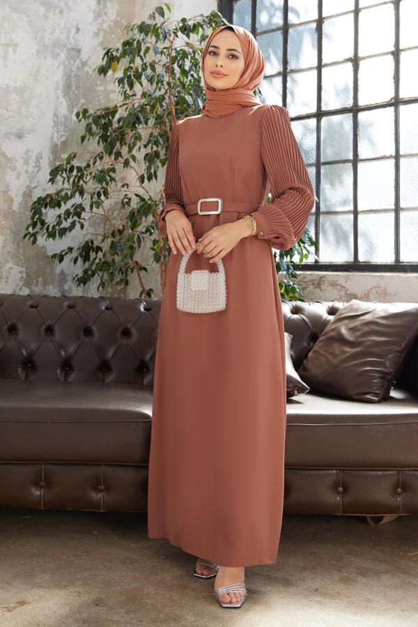 Pleated Sleeves Dress - Camel