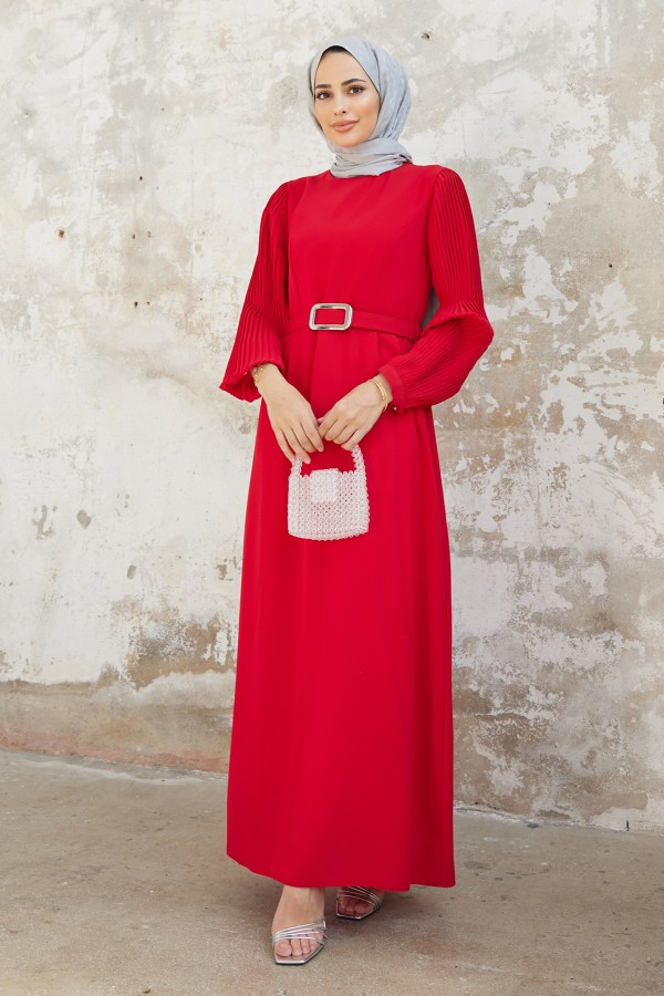 Pleated Sleeves Dress - Red