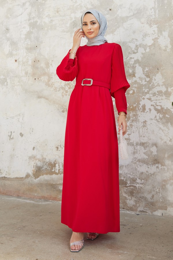 Pleated Sleeves Dress - Red