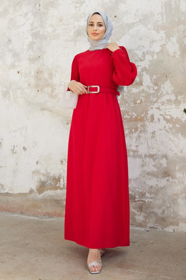 Pleated Sleeves Dress - Red