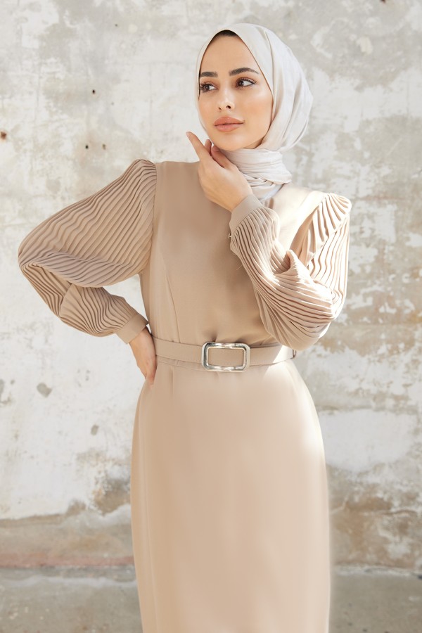 Pleated Sleeves Dress - Beige