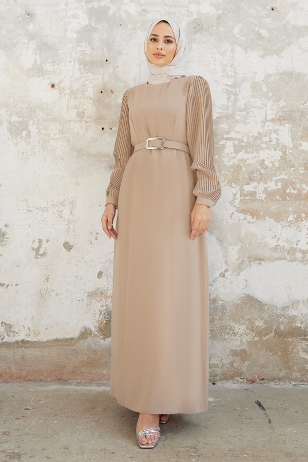 Kolları Piliseli Elbise - Bej