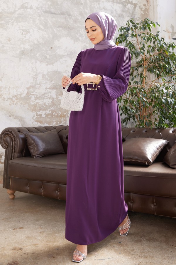 Kolları Piliseli Elbise - Mor