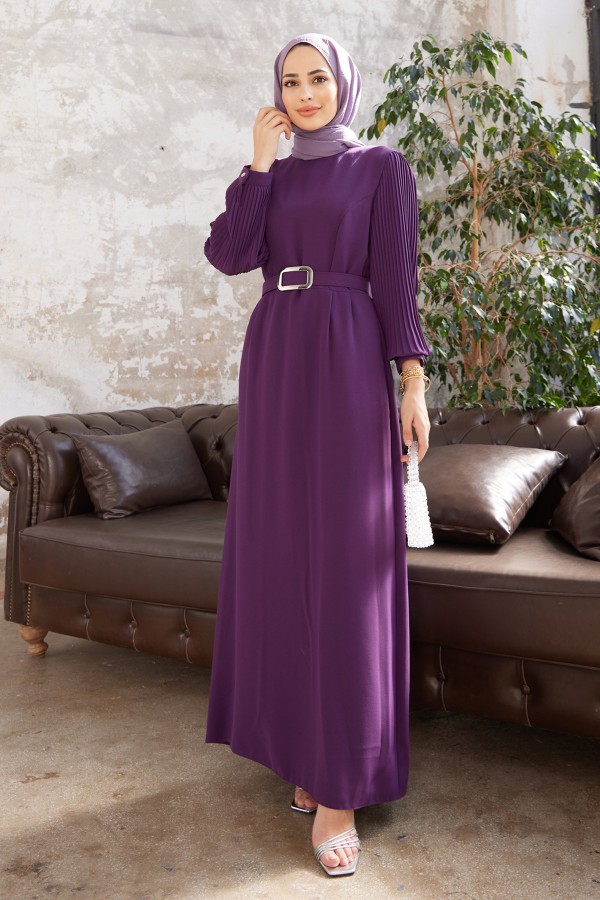 Kolları Piliseli Elbise - Mor