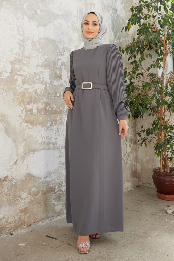 Pleated Sleeves Dress - Gray